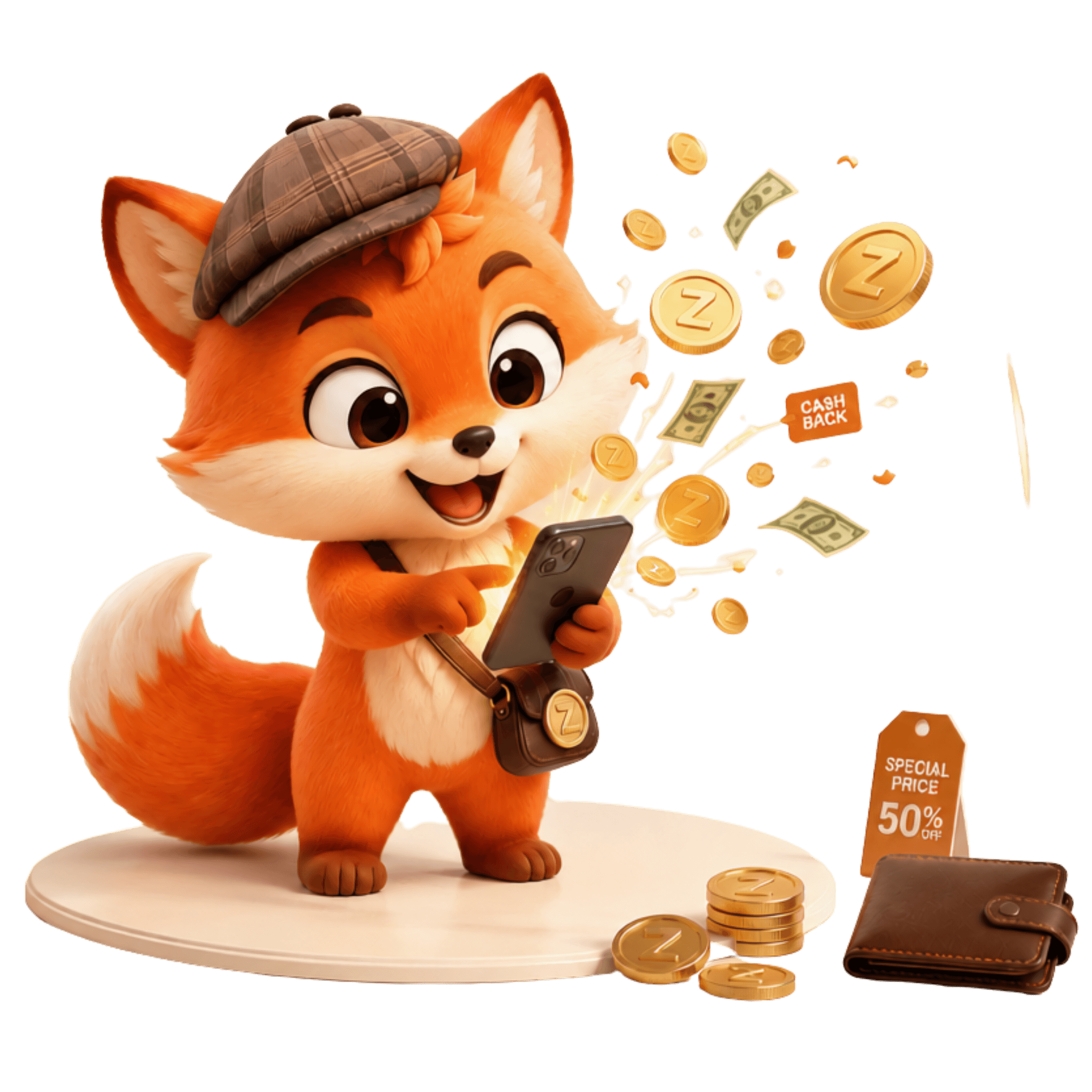 Cáo linh vật Zoney cầm điện thoại nhận hoàn tiền